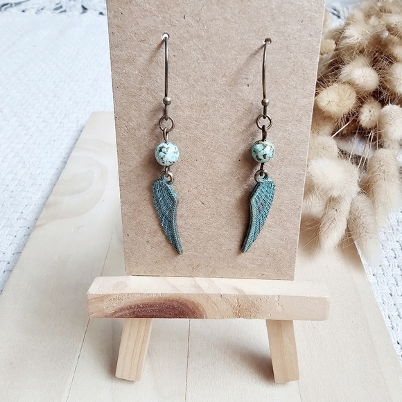 African Turquoise Wing Dangle Earrings Natural Handcrafted Western Boho New - Picture 3 of 6